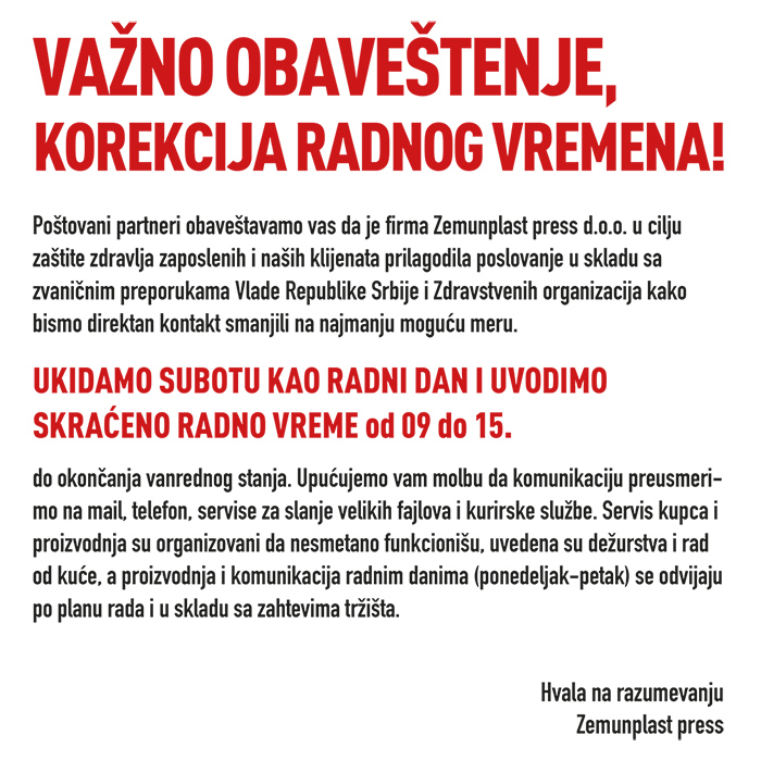 VAŽNO OBAVEŠTENJE, KOREKCIJA RADNOG VREMENA!
